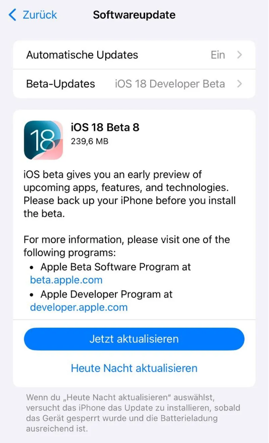 仁寿苹果手机维修分享苹果 iOS / iPadOS 18 开发者预览版 Beta 8 发布 